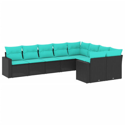 9-tlg. Garten-Sofagarnitur mit Kissen Schwarz Poly Rattan