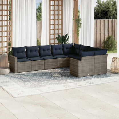 9-tlg. Garten-Sofagarnitur mit Kissen Grau Poly Rattan