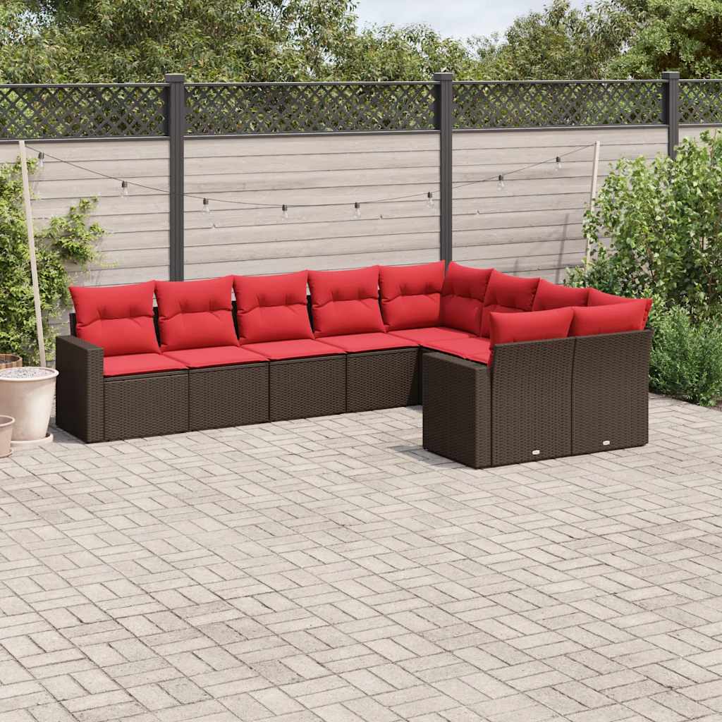 9-tlg. Garten-Sofagarnitur mit Kissen Braun Poly Rattan