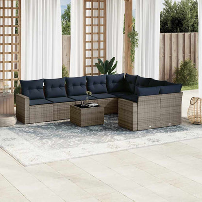 10-tlg. Garten-Sofagarnitur mit Kissen Grau Poly Rattan