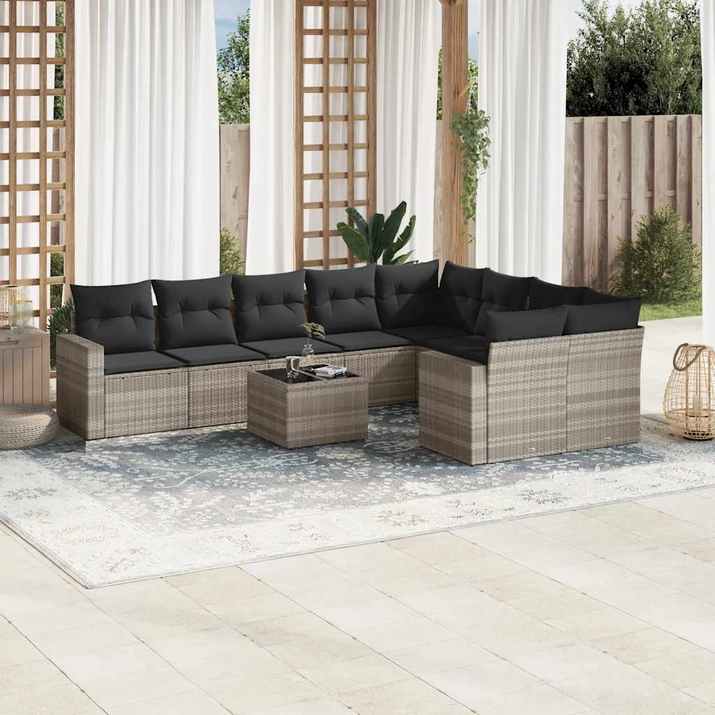 10-tlg. Garten-Sofagarnitur mit Kissen Hellgrau Poly Rattan