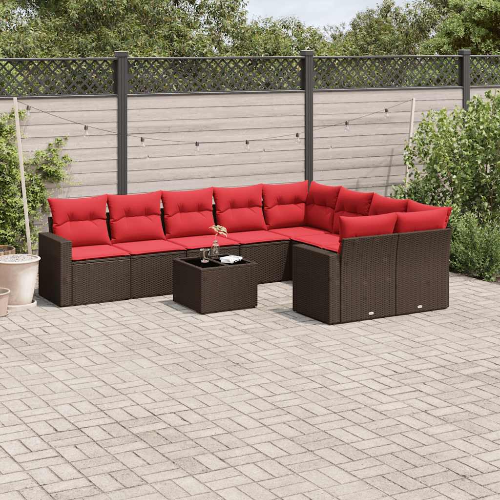 10-tlg. Garten-Sofagarnitur mit Kissen Braun Poly Rattan
