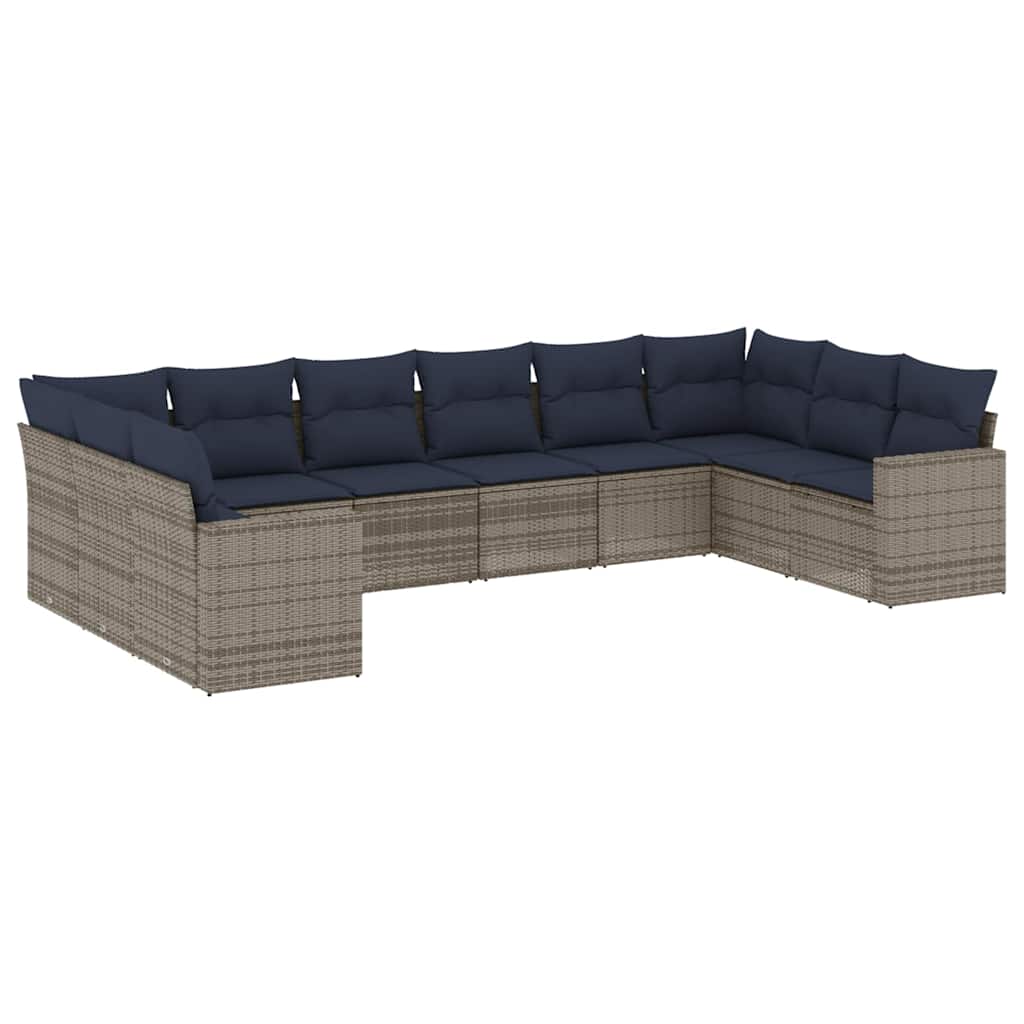 10-tlg. Garten-Sofagarnitur mit Kissen Grau Poly Rattan