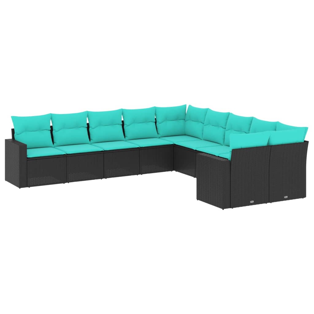 10-tlg. Garten-Sofagarnitur mit Kissen Schwarz Poly Rattan
