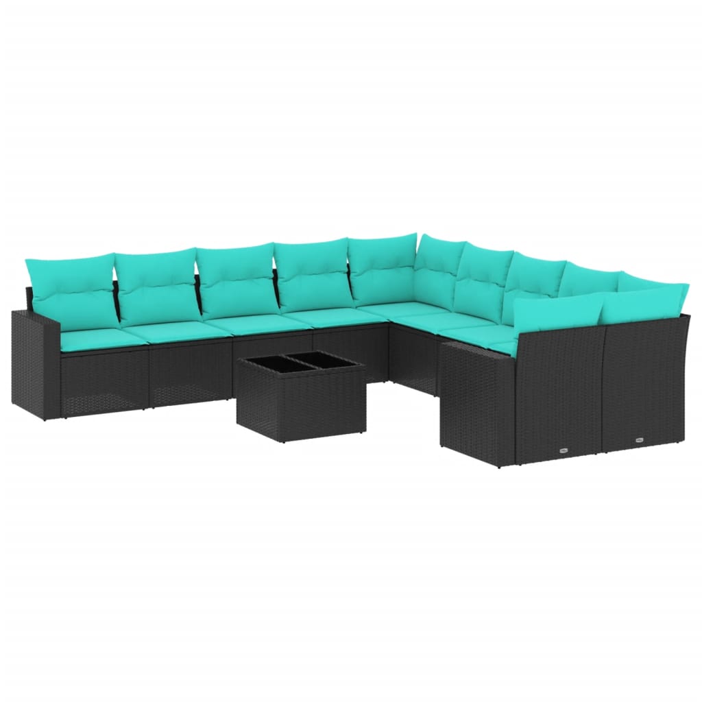 11-tlg. Garten-Sofagarnitur mit Kissen Schwarz Poly Rattan