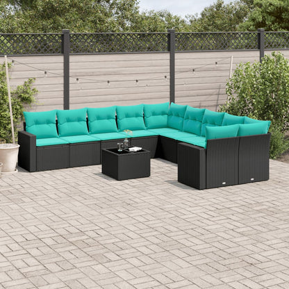 11-tlg. Garten-Sofagarnitur mit Kissen Schwarz Poly Rattan