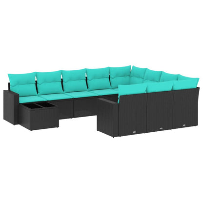 11-teiliges Gartensofa-Set mit Kissen, schwarzes Polyrattan