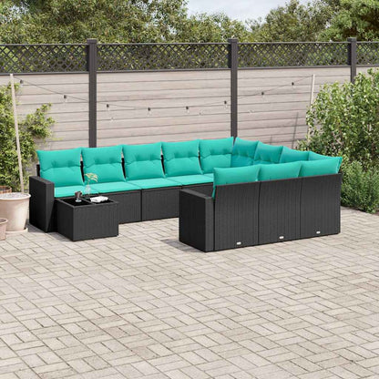 11-teiliges Gartensofa-Set mit Kissen, schwarzes Polyrattan