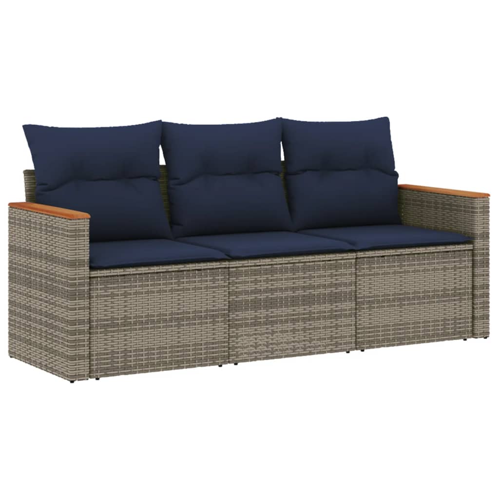 3-teiliges Gartensofa-Set mit Kissen, grau, Polyrattan