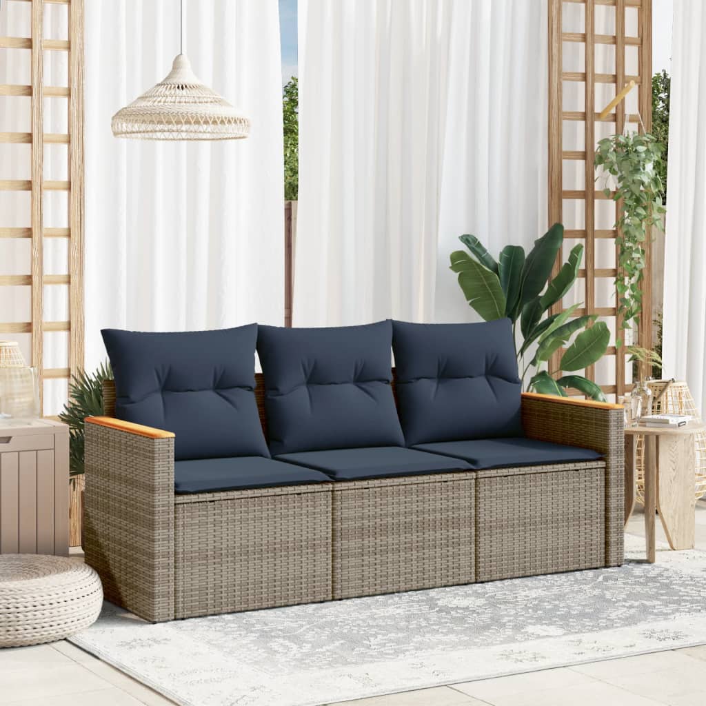 3-teiliges Gartensofa-Set mit Kissen, grau, Polyrattan