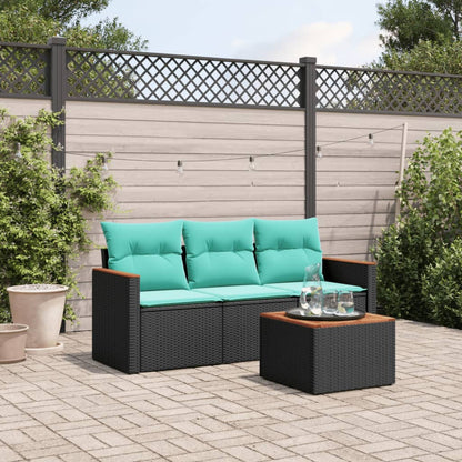 4-teiliges Gartensofa-Set mit Kissen, schwarzes Polyrattan