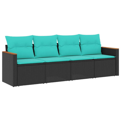4-teiliges Gartensofa-Set mit Kissen, schwarzes Polyrattan