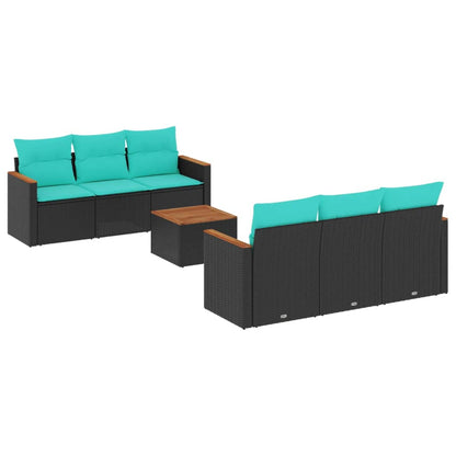 7-teiliges Gartensofa-Set mit Kissen, schwarzes Polyrattan