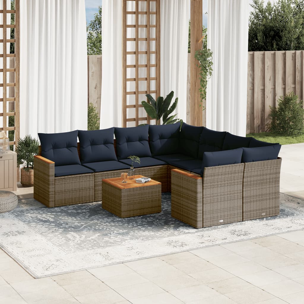 9-teiliges Gartensofa-Set mit Kissen, grau, Polyrattan