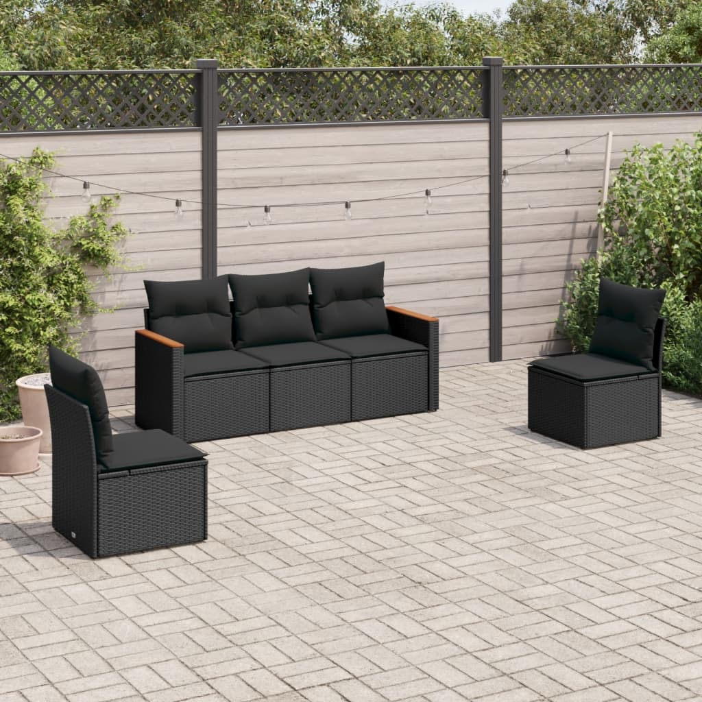 5-tlg. Garten-Sofagarnitur mit Kissen Schwarz Poly Rattan