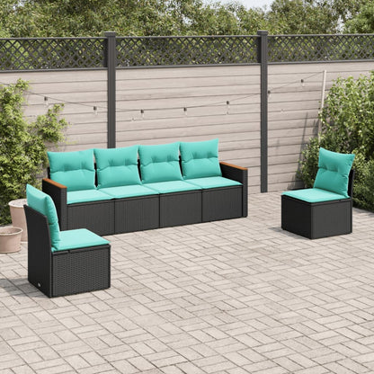 6-teiliges Gartensofa-Set mit Kissen, schwarzes Polyrattan