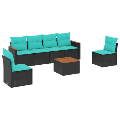 7-teiliges Gartensofa-Set mit Kissen, schwarzes Polyrattan