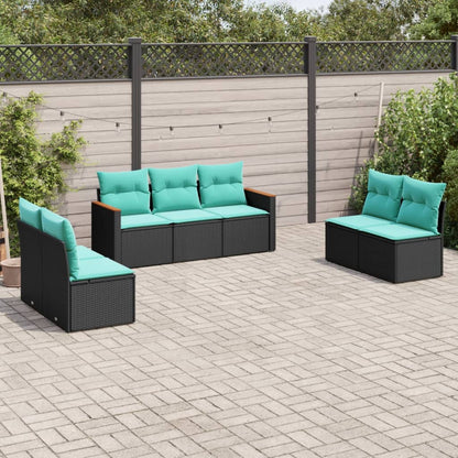 7-teiliges Gartensofa-Set mit Kissen, schwarzes Polyrattan