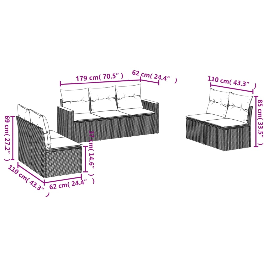 7-teiliges Gartensofa-Set mit Kissen, grau, Polyrattan