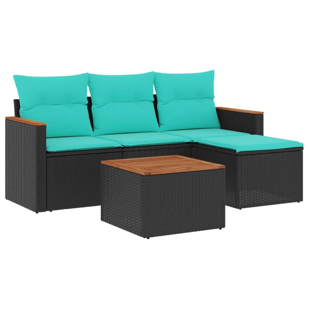 5-teiliges Gartensofa-Set mit Kissen, schwarzes Polyrattan