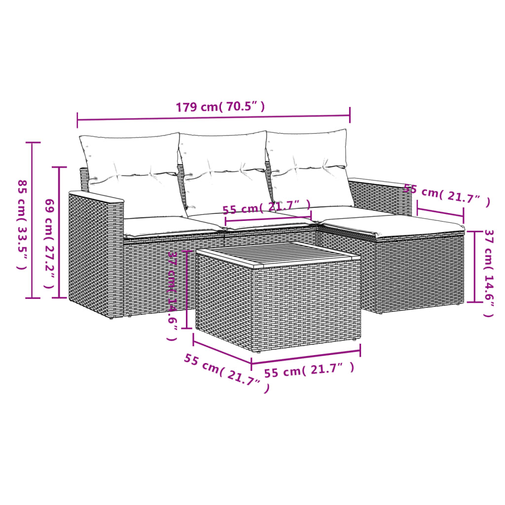 5-teiliges Gartensofa-Set mit Kissen, schwarzes Polyrattan