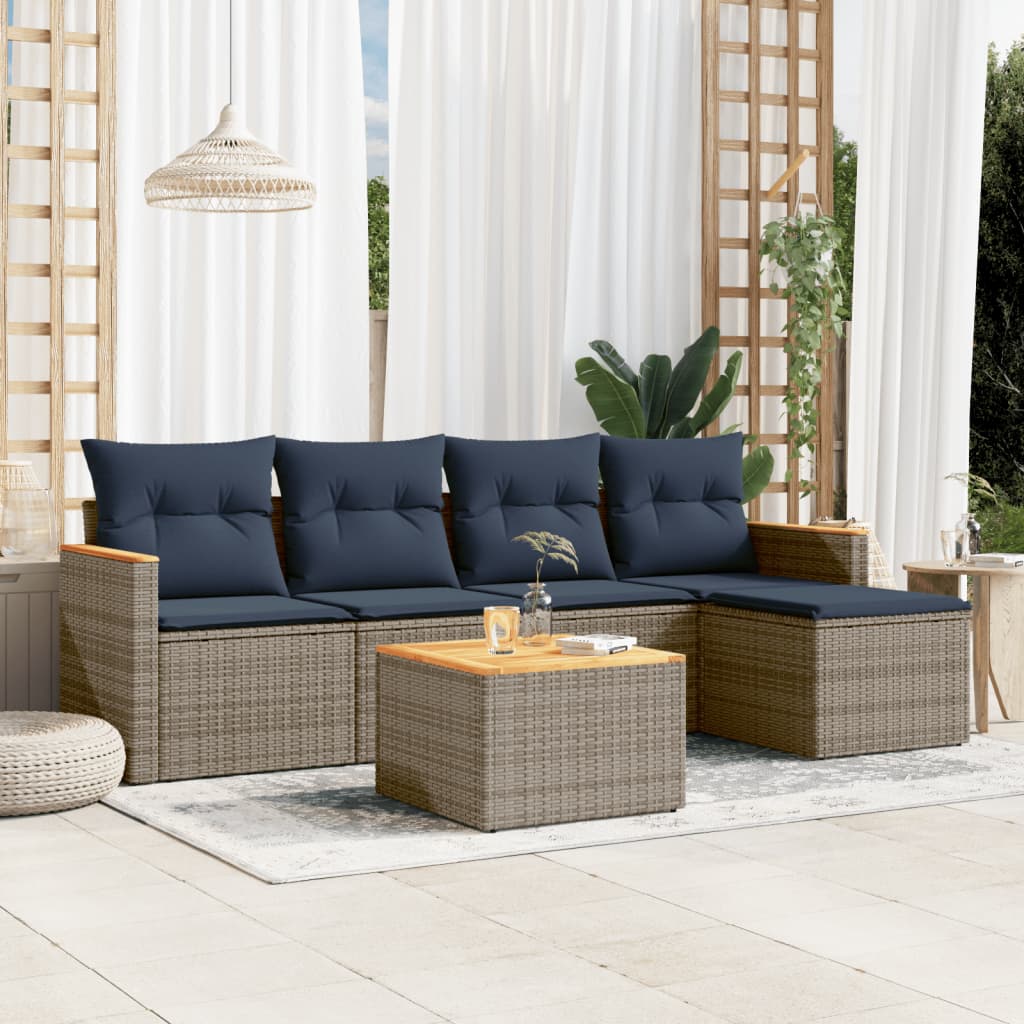 6-teiliges Gartensofa-Set mit Kissen, grau, Polyrattan