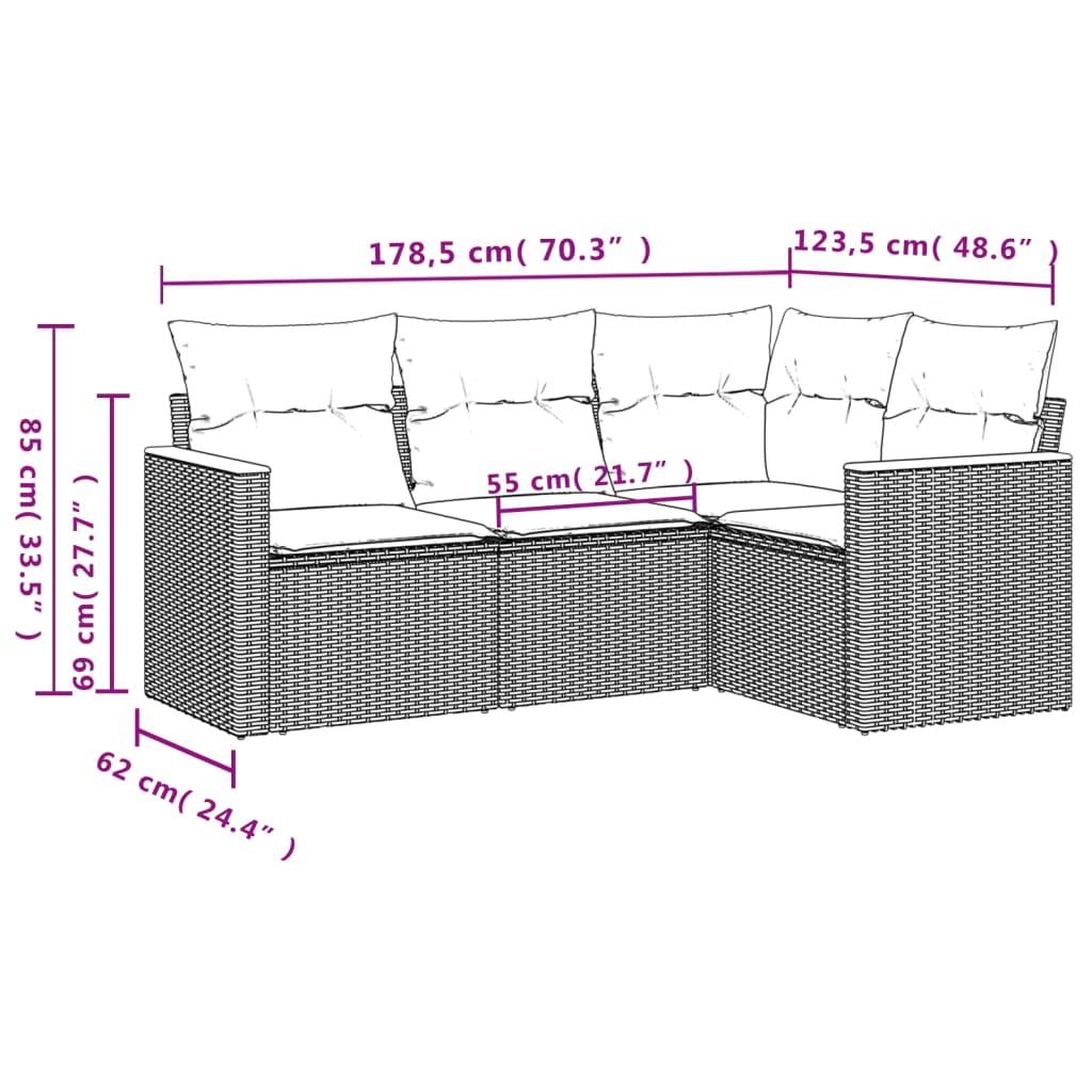 4-teiliges Gartensofa-Set mit Kissen, grau, Polyrattan