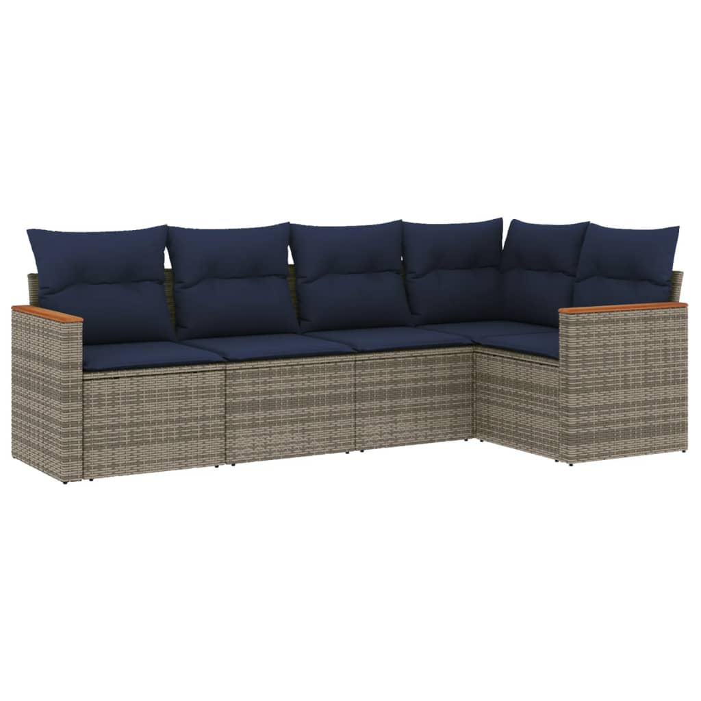 5-teiliges Gartensofa-Set mit Kissen, grau, Polyrattan