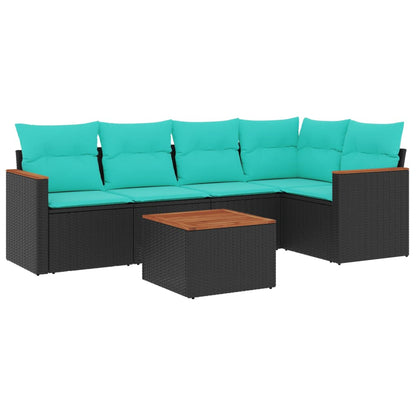 6-teiliges Gartensofa-Set mit Kissen, schwarzes Polyrattan