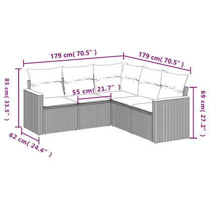 5-teiliges Gartensofa-Set mit Kissen, grau, Polyrattan