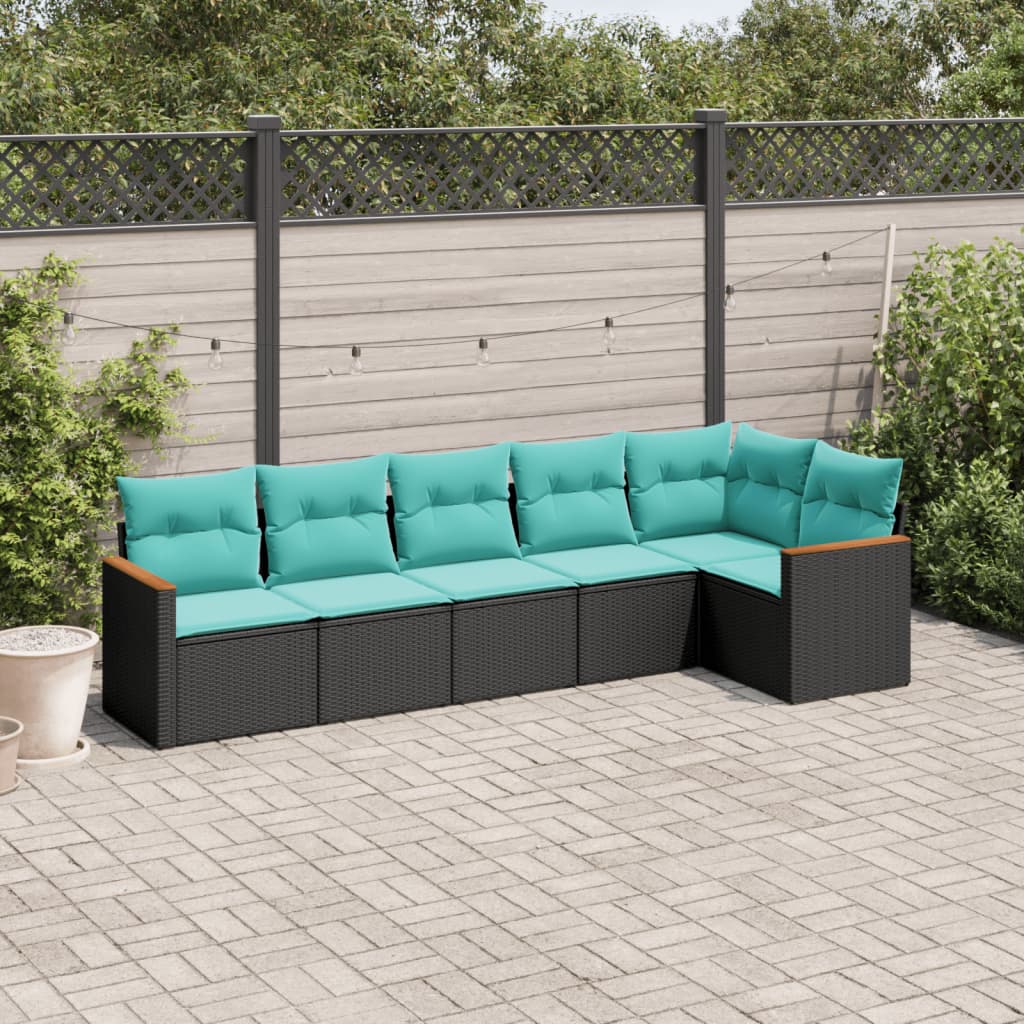 6-teiliges Gartensofa-Set mit Kissen, schwarzes Polyrattan