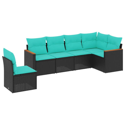 6-teiliges Gartensofa-Set mit Kissen, schwarzes Polyrattan
