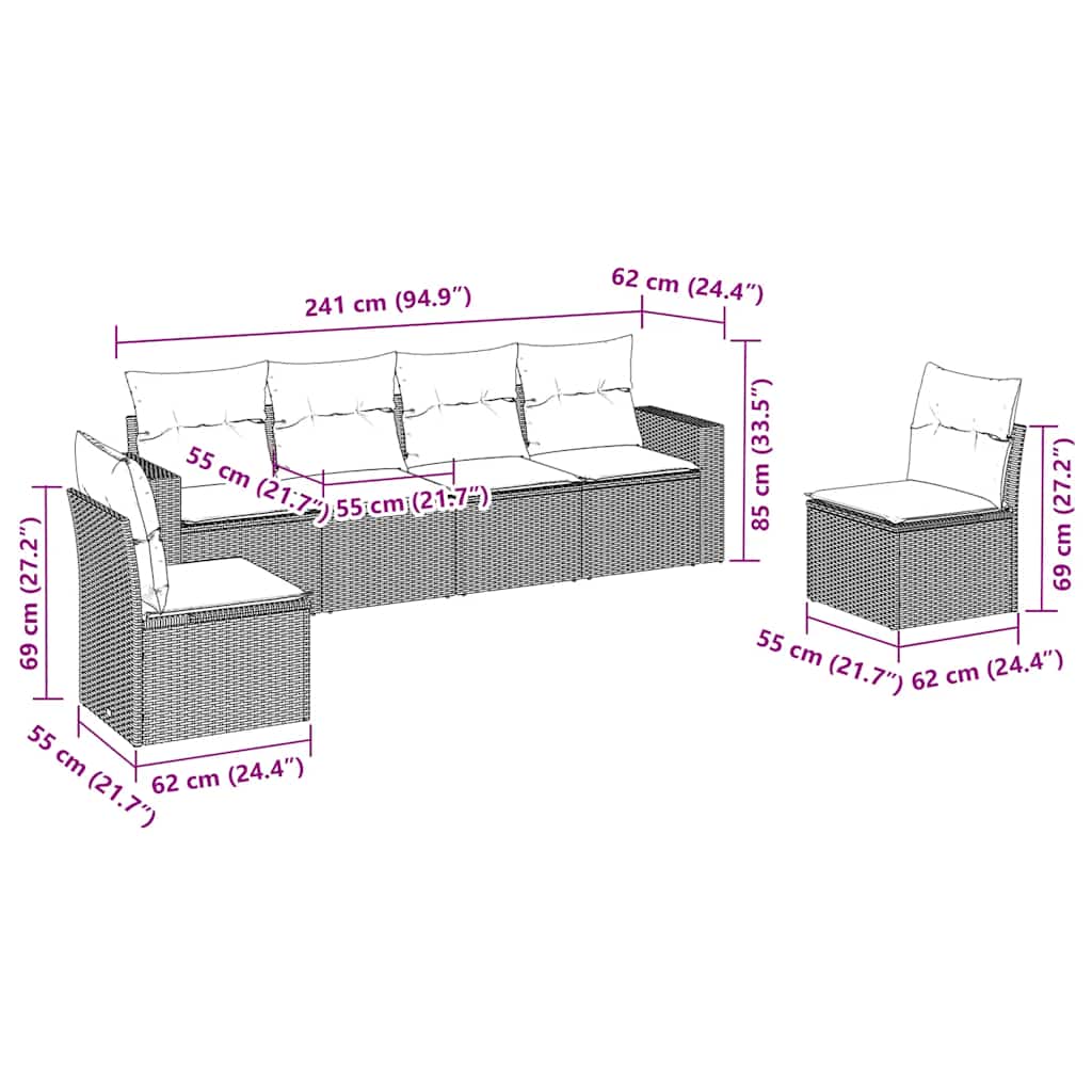 6-tlg. Garten-Sofagarnitur mit Kissen Braun Poly Rattan