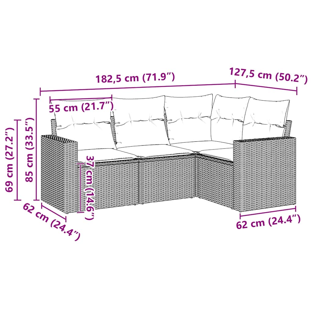 4-tlg. Garten-Sofagarnitur mit Kissen Schwarz Poly Rattan