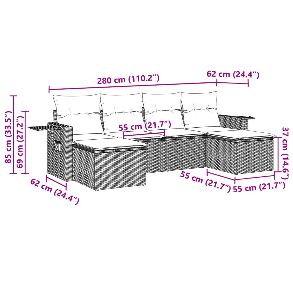 6-tlg. Garten-Sofagarnitur mit Kissen Hellgrau Poly Rattan