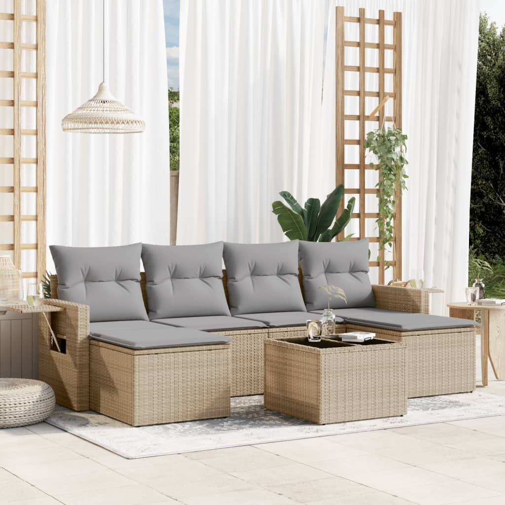 7-tlg. Garten-Sofagarnitur mit Kissen Beige Poly Rattan
