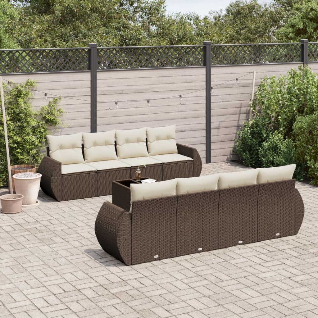 9-tlg. Garten-Sofagarnitur mit Kissen Braun Poly Rattan