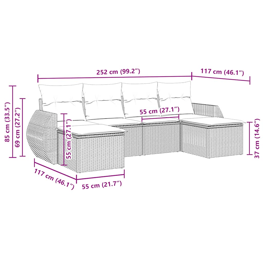 6-tlg. Garten-Sofagarnitur mit Kissen Schwarz Poly Rattan