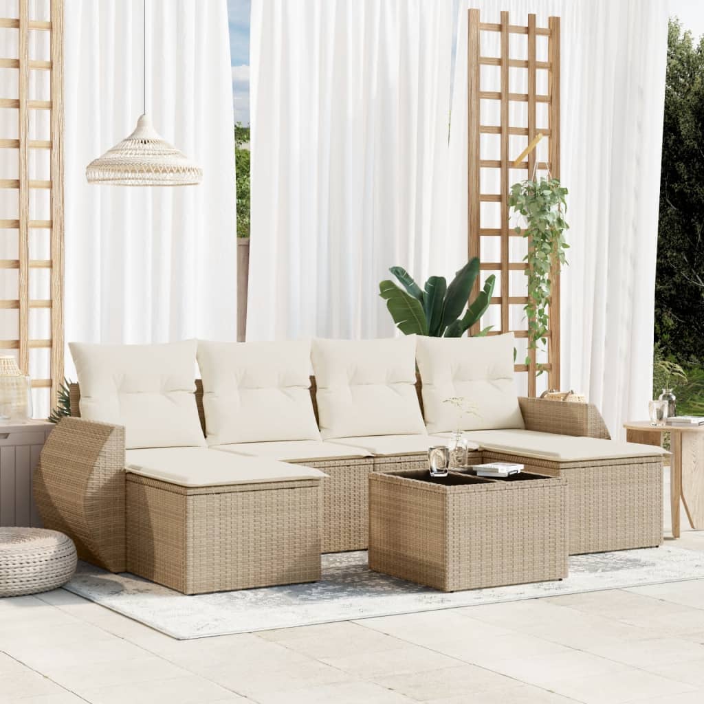 7-tlg. Garten-Sofagarnitur mit Kissen Beige Poly Rattan
