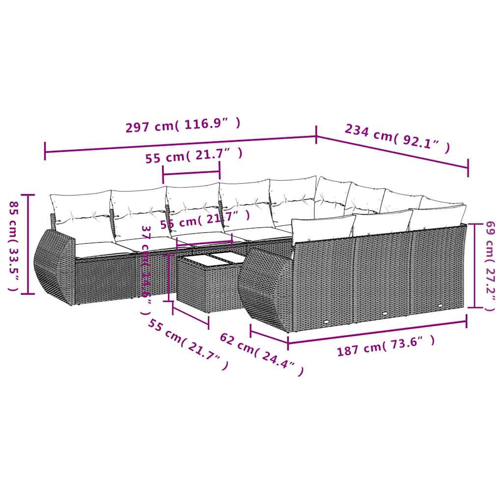 11-tlg. Garten-Sofagarnitur mit Kissen Schwarz Poly Rattan