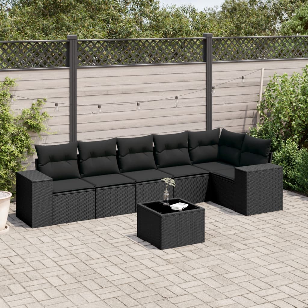 7-tlg. Garten-Sofagarnitur mit Kissen Schwarz Poly Rattan