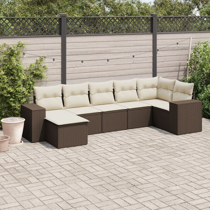 7-tlg. Garten-Sofagarnitur mit Kissen Braun Poly Rattan