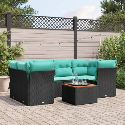7-tlg. Garten-Sofagarnitur mit Kissen Schwarz Poly Rattan