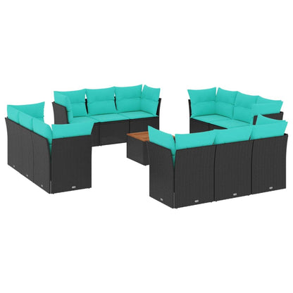 13-tlg. Garten-Sofagarnitur mit Kissen Schwarz Poly Rattan