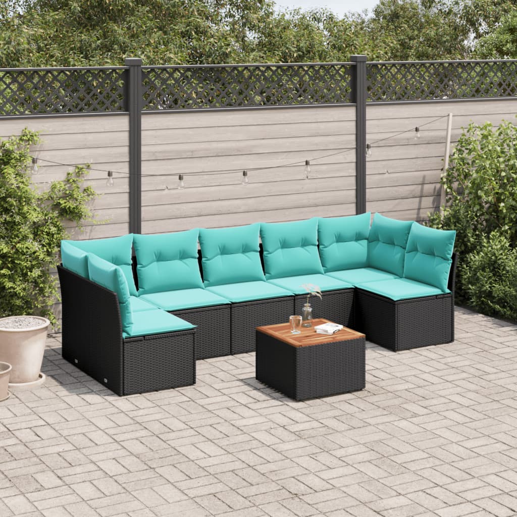 8-tlg. Garten-Sofagarnitur mit Kissen Schwarz Poly Rattan