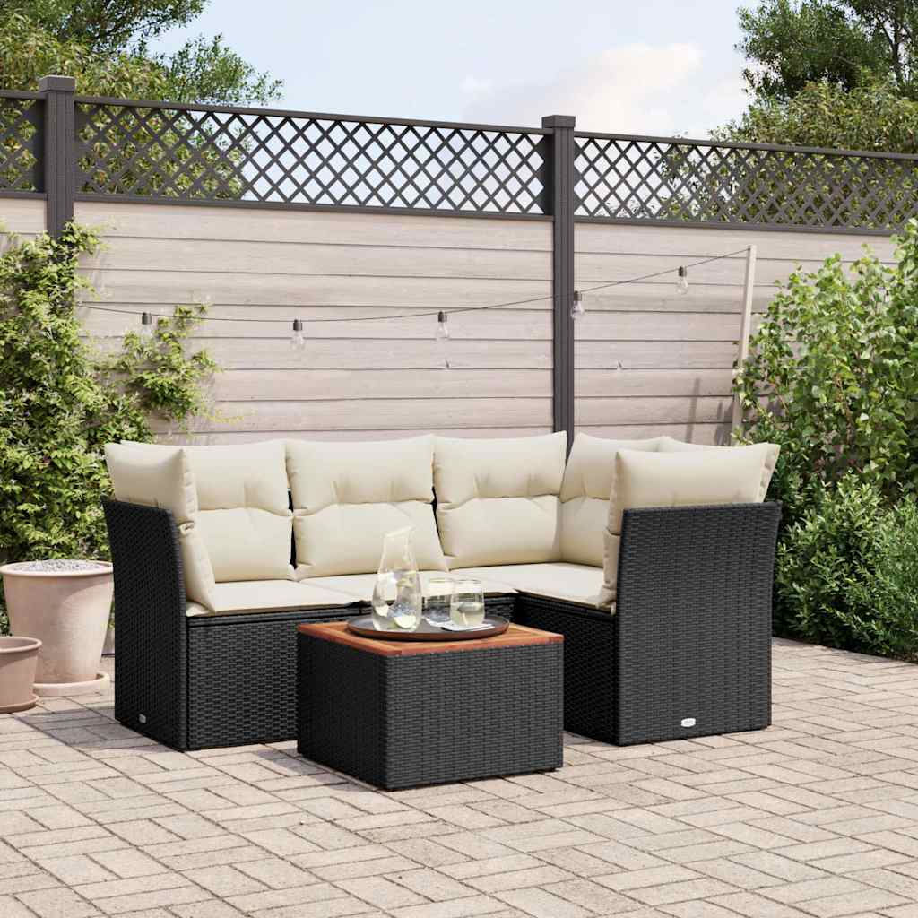 5-tlg. Garten-Sofagarnitur mit Kissen Schwarz Poly Rattan
