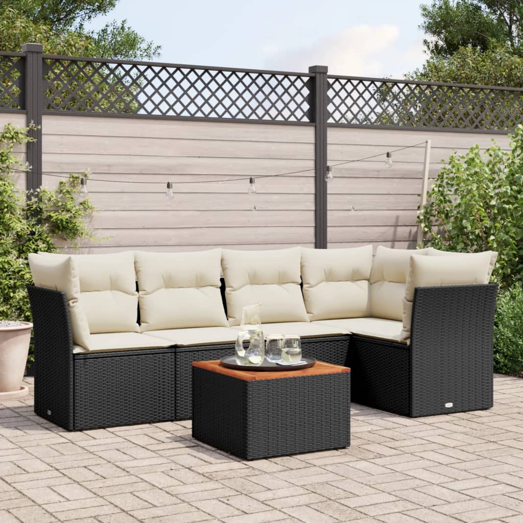 6-tlg. Garten-Sofagarnitur mit Kissen Schwarz Poly Rattan