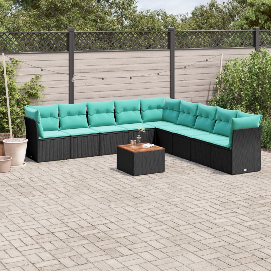 10-tlg. Garten-Sofagarnitur mit Kissen Schwarz Poly Rattan