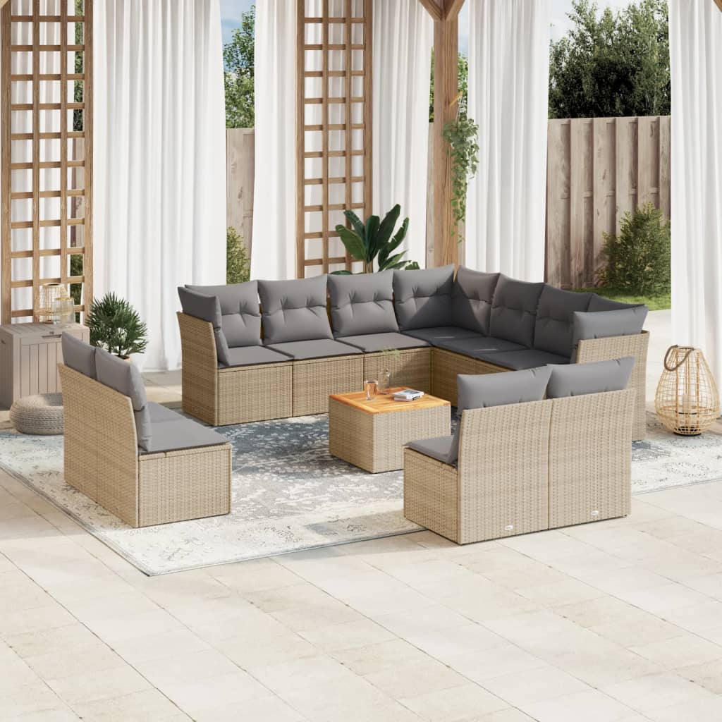 12-tlg. Garten-Sofagarnitur mit Kissen Beige Poly Rattan