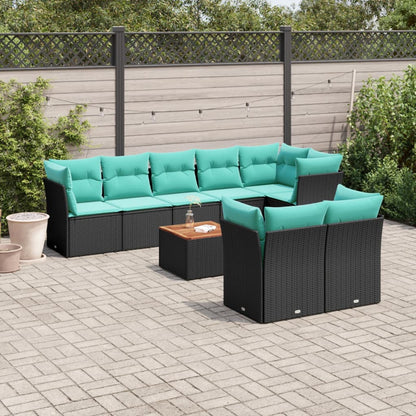 9-tlg. Garten-Sofagarnitur mit Kissen Schwarz Poly Rattan